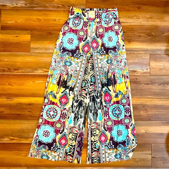 ZigZagStripe Palazzo Pants Elegant Teal and Pink Patterned Wide-Leg Pant Size M - Picture 1 of 2